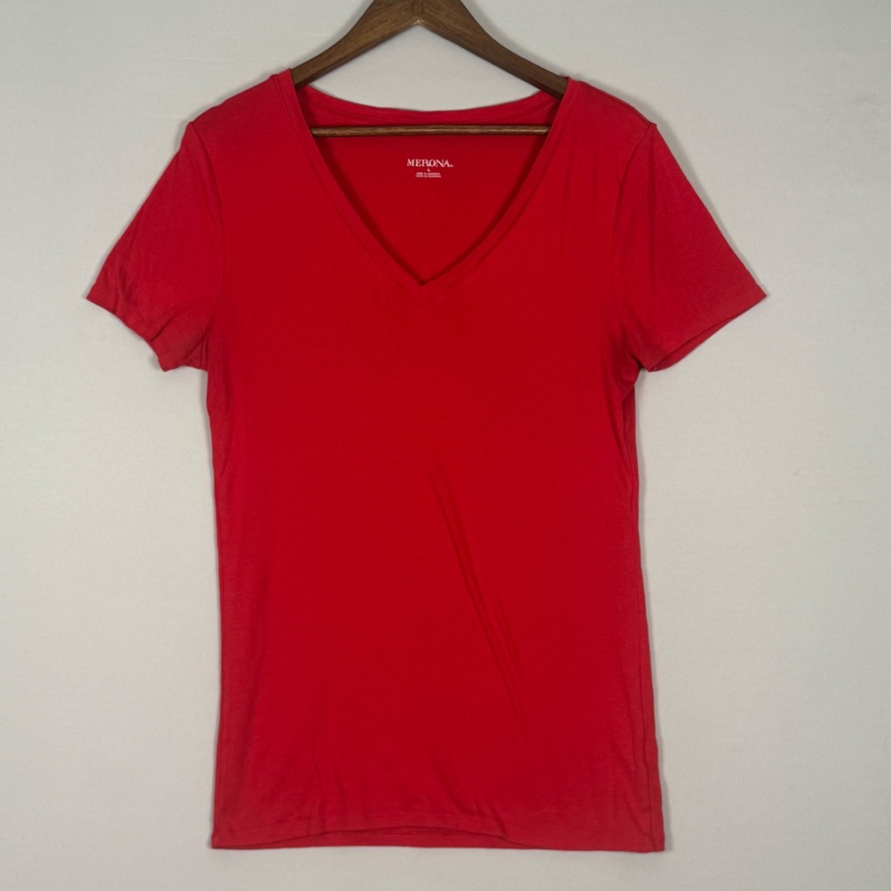 Merona V-Neck T-Shirt Women Large Red Excellent Short Sleeve Pima Cotton Blend
